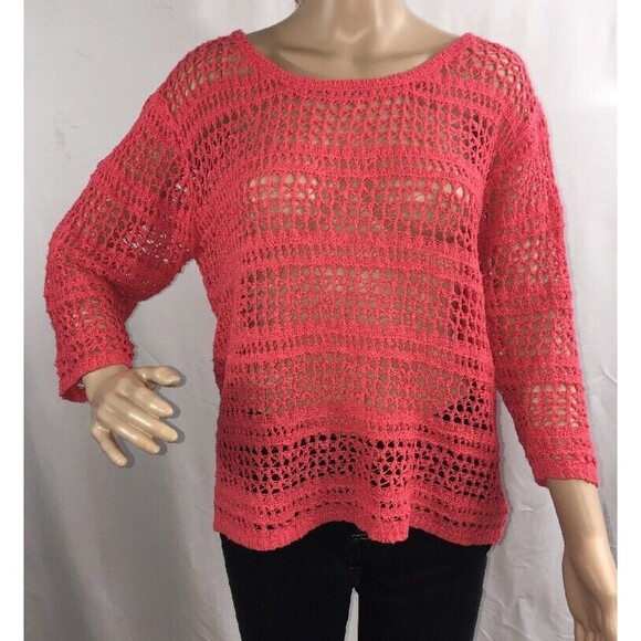 United States Sweaters Medium Coral Colored Open Knit Crochet Layering Sweater - Picture 1 of 12